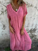 Women's Plain Woven Maxi – V Neck Short Sleeve Layered Hem Casual Summer Dress