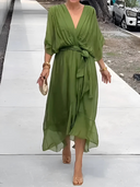 Women's Plain Wrap Maxi – Deep V Neck Batwing Sleeve Tie Waist Wedding Guest Dress