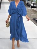Women's Plain Wrap Maxi – Deep V Neck Batwing Sleeve Tie Waist Wedding Guest Dress