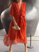 Women's Plain Wrap Maxi – Deep V Neck Batwing Sleeve Tie Waist Wedding Guest Dress