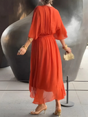 Women's Plain Wrap Maxi – Deep V Neck Batwing Sleeve Tie Waist Wedding Guest Dress