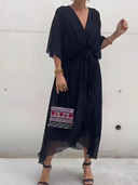 Women's Plain Wrap Maxi – Deep V Neck Batwing Sleeve Tie Waist Wedding Guest Dress