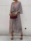 Women's Plain Wrap Maxi – Deep V Neck Batwing Sleeve Tie Waist Wedding Guest Dress