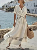 Women's Plain Wrap Waist Maxi – V Neck Short Sleeve Pleated Summer Dress