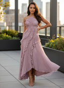Women's Pleated Halter Maxi Dress – Asymmetric Hi Low Ruffle Formal Gown