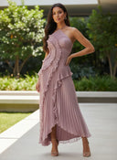 Women's Pleated Halter Maxi Dress – Asymmetric Hi Low Ruffle Formal Gown