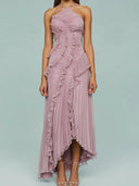 Women's Pleated Halter Maxi Dress – Asymmetric Hi Low Ruffle Formal Gown