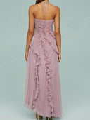 Women's Pleated Halter Maxi Dress – Asymmetric Hi Low Ruffle Formal Gown