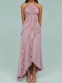 Women's Pleated Halter Maxi Dress – Asymmetric Hi Low Ruffle Formal Gown