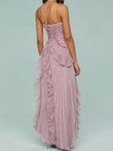 Women's Pleated Halter Maxi Dress – Asymmetric Hi Low Ruffle Formal Gown