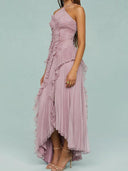 Women's Pleated Halter Maxi Dress – Asymmetric Hi Low Ruffle Formal Gown