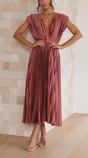 Women's Pleated Maxi Dress – V Neck Cap Sleeve Wedding Guest Evening Dress