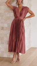 Women's Pleated Maxi Dress – V Neck Cap Sleeve Wedding Guest Evening Dress