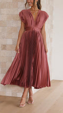 Women's Pleated Maxi Dress – V Neck Cap Sleeve Wedding Guest Evening Dress