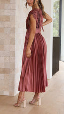 Women's Pleated Maxi Dress – V Neck Cap Sleeve Wedding Guest Evening Dress