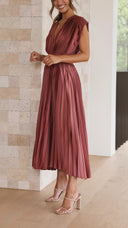 Women's Pleated Maxi Dress – V Neck Cap Sleeve Wedding Guest Evening Dress