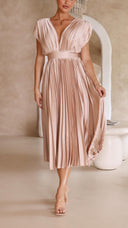 Women's Pleated Maxi Dress – V Neck Cap Sleeve Wedding Guest Evening Dress