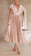 Women's Pleated Maxi Dress – V Neck Cap Sleeve Wedding Guest Evening Dress