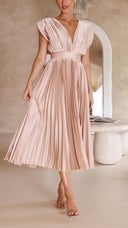 Women's Pleated Maxi Dress – V Neck Cap Sleeve Wedding Guest Evening Dress