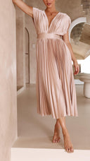 Women's Pleated Maxi Dress – V Neck Cap Sleeve Wedding Guest Evening Dress