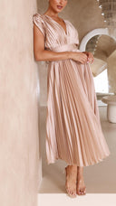 Women's Pleated Maxi Dress – V Neck Cap Sleeve Wedding Guest Evening Dress