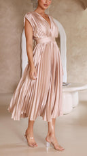 Women's Pleated Maxi Dress – V Neck Cap Sleeve Wedding Guest Evening Dress