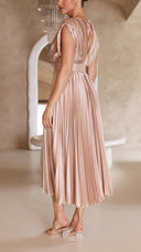 Women's Pleated Maxi Dress – V Neck Cap Sleeve Wedding Guest Evening Dress