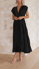 Women's Pleated Maxi Dress – V Neck Cap Sleeve Wedding Guest Evening Dress