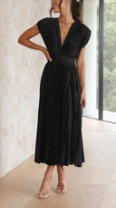 Women's Pleated Maxi Dress – V Neck Cap Sleeve Wedding Guest Evening Dress