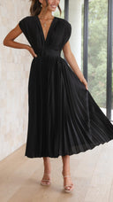 Women's Pleated Maxi Dress – V Neck Cap Sleeve Wedding Guest Evening Dress