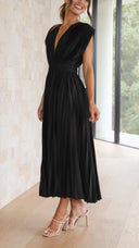 Women's Pleated Maxi Dress – V Neck Cap Sleeve Wedding Guest Evening Dress