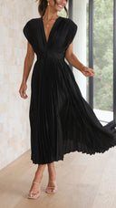 Women's Pleated Maxi Dress – V Neck Cap Sleeve Wedding Guest Evening Dress