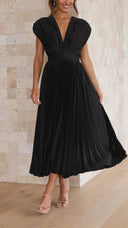 Women's Pleated Maxi Dress – V Neck Cap Sleeve Wedding Guest Evening Dress