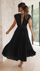 Women's Pleated Maxi Dress – V Neck Cap Sleeve Wedding Guest Evening Dress