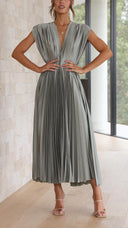 Women's Pleated Maxi Dress – V Neck Cap Sleeve Wedding Guest Evening Dress