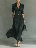 Women's Pleated Maxi Dress – V Neck Lapel Collar Half Sleeve Formal Evening Gown