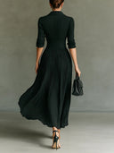 Women's Pleated Maxi Dress – V Neck Lapel Collar Half Sleeve Formal Evening Gown