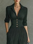 Women's Pleated Maxi Dress – V Neck Lapel Collar Half Sleeve Formal Evening Gown
