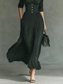 Women's Pleated Maxi Dress – V Neck Lapel Collar Half Sleeve Formal Evening Gown