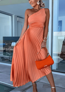 Women's Pleated One Shoulder Midi Dress – Sleeveless A-Line Formal Gown