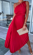 Women's Pleated One Shoulder Midi Dress – Sleeveless A-Line Formal Gown