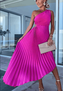 Women's Pleated One Shoulder Midi Dress – Sleeveless A-Line Formal Gown