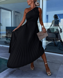 Women's Pleated One Shoulder Midi Dress – Sleeveless A-Line Formal Gown