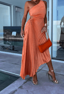 Women's Pleated One Shoulder Midi Dress – Sleeveless A-Line Formal Gown