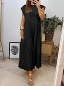 Women's Pleated Solid Maxi – Round Neck Cap Sleeve Loose A-Line Summer Dress