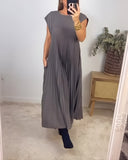 Women's Pleated Solid Maxi – Round Neck Cap Sleeve Loose A-Line Summer Dress