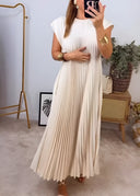 Women's Pleated Solid Maxi – Round Neck Cap Sleeve Loose A-Line Summer Dress