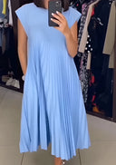 Women's Pleated Solid Maxi – Round Neck Cap Sleeve Loose A-Line Summer Dress