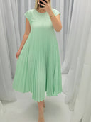 Women's Pleated Solid Maxi – Round Neck Cap Sleeve Loose A-Line Summer Dress