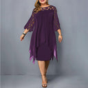 Women's Plus Size Midi Dress – 3/4 Sleeve Lace Yoke Chiffon Overlay Formal